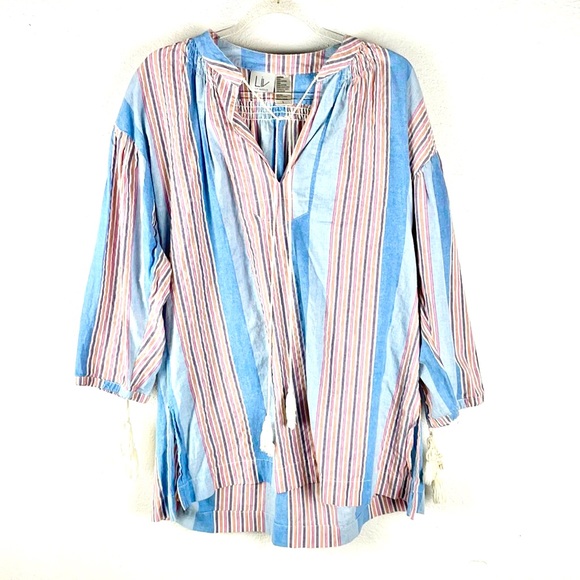 LIV - LOS ANGELES | 💗Striped Boho Drawstring Tassels Peasant Shirt Tunic - Picture 1 of 6